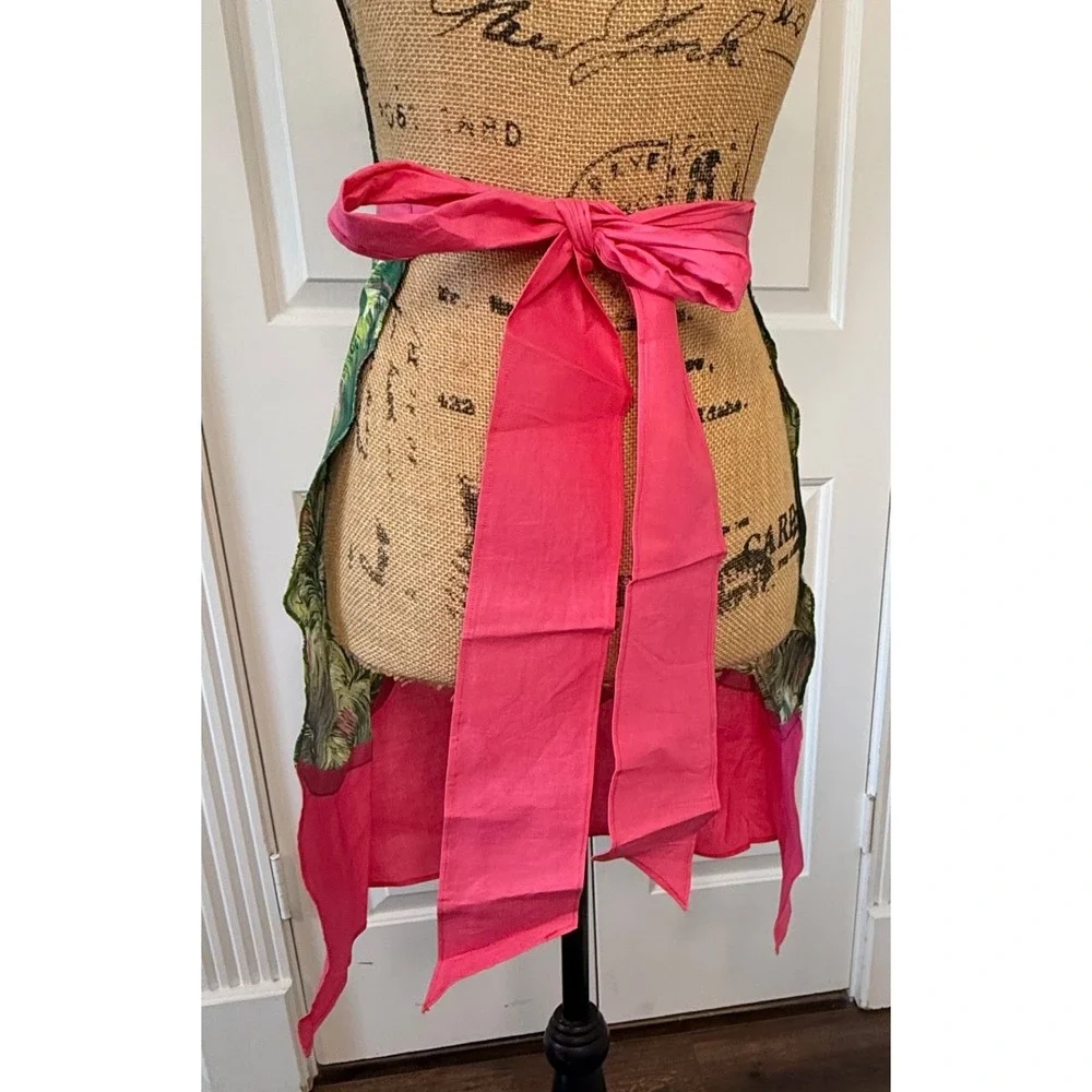 Vintage‎ Handmade Tropical Feather Print Half Apron Pink Green Retro Sweetheart